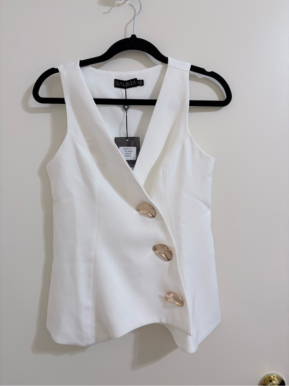 Balboa White Sleeveless V-Neck Top with Gold Accent Buttons